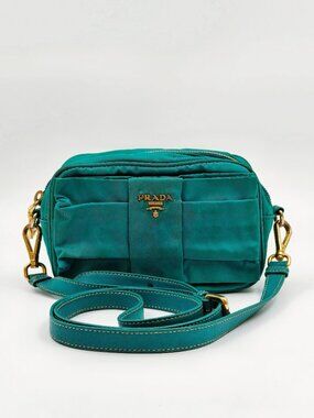 Prada Vintage Teal Nylon Crossbody Shoulder Bag Gold Hardware
